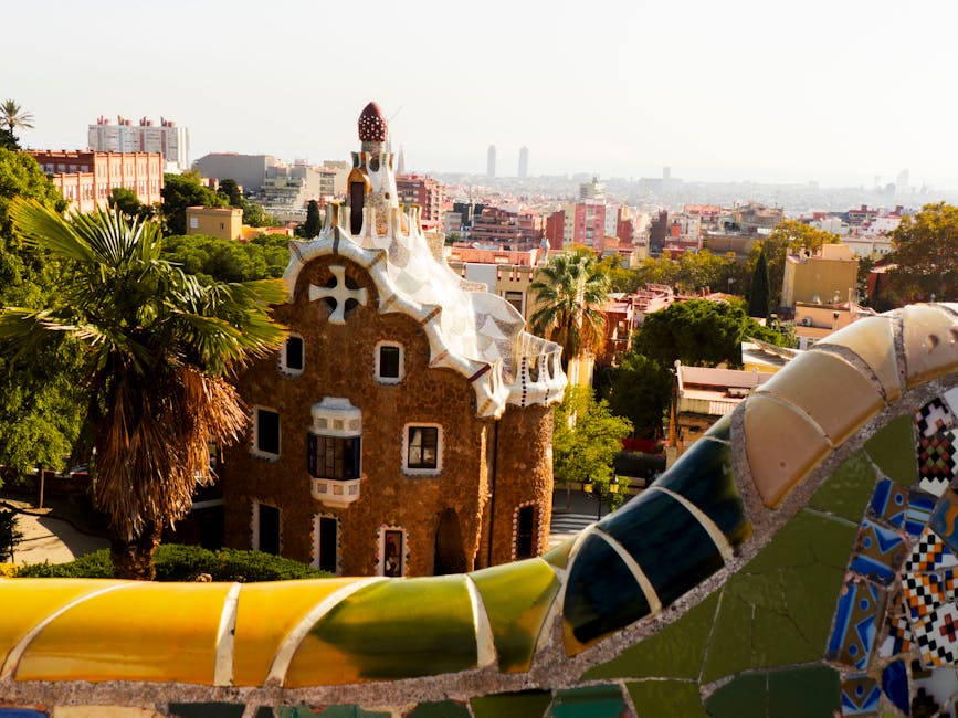 Panoramic view of Barcelona city from Park Guell terrace