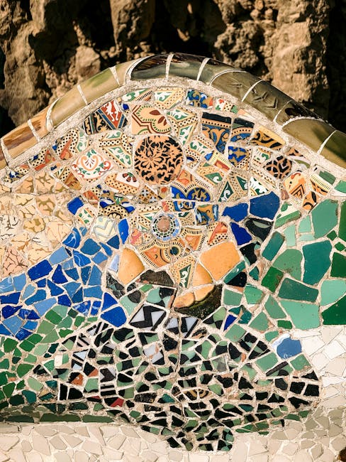 Serpentine mosaic bench at the top terrace of Park Guell Barcelona