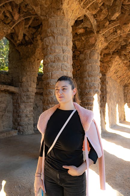 Angled stone viaduct walkway at Park Guell Barcelona