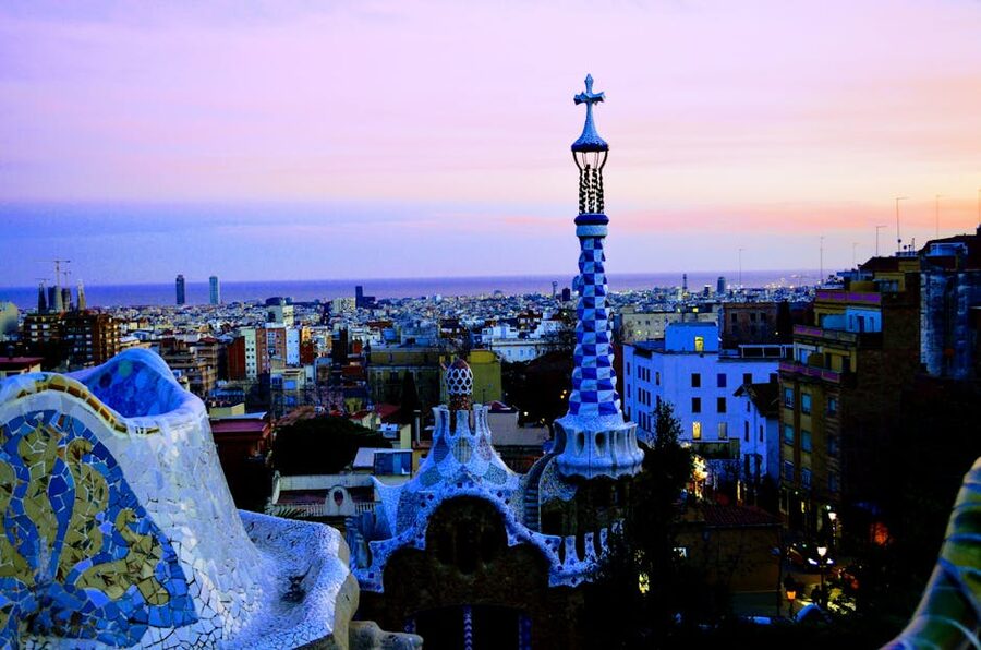 Sunset view over Barcelona from Park Guell terrace