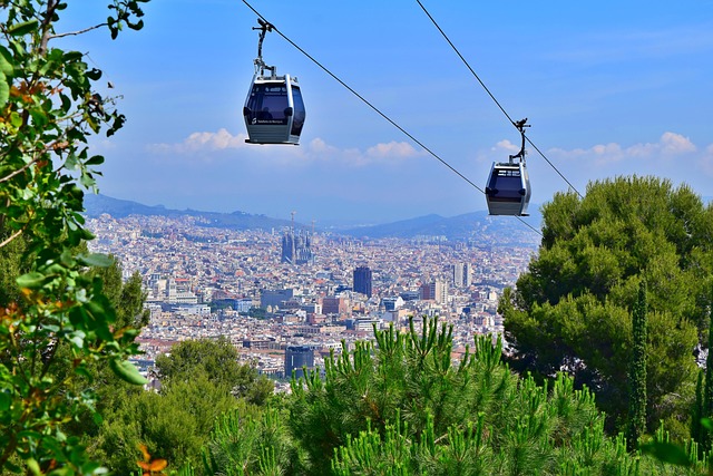 Cable car gondola over Barcelona with Sagrada Familia visible