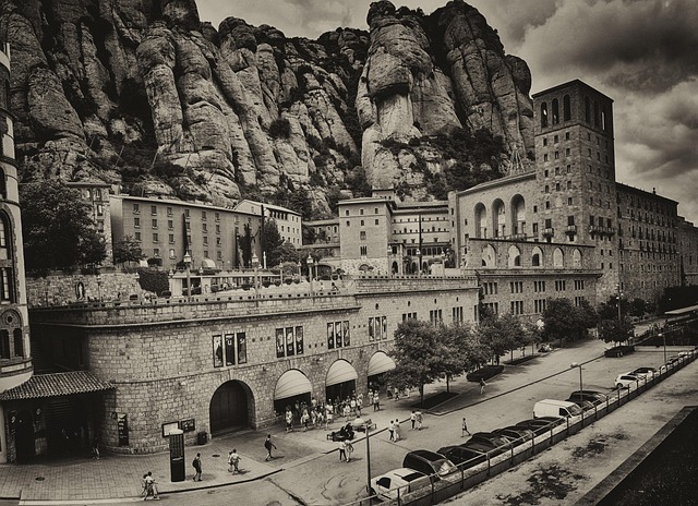Montserrat monastery building against dramatic rock formations
