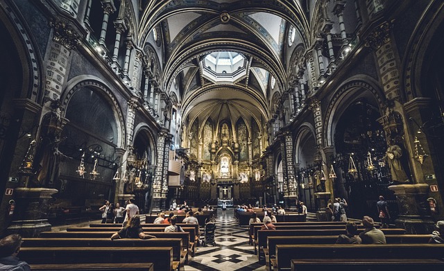 Panoramic view of Montserrat monastery and mountain from below