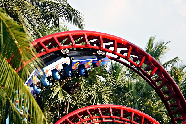 Steel roller coaster with loops at a theme park