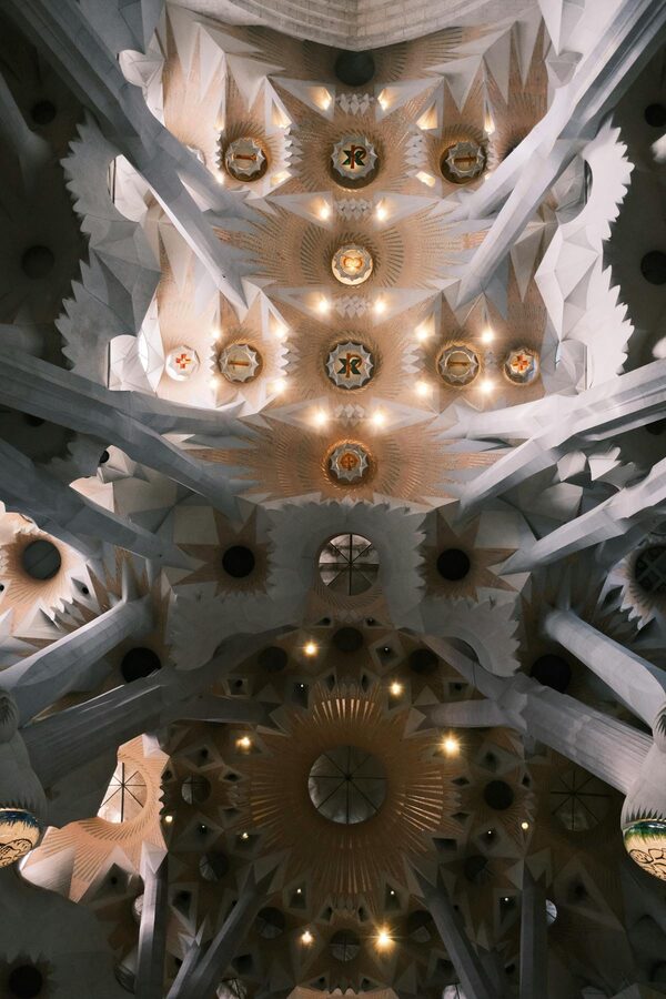 Tree-like columns and ceiling vaults inside Sagrada Familia Barcelona