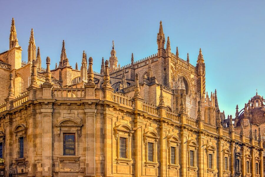 Seville Cathedral facade in warm sunlight
