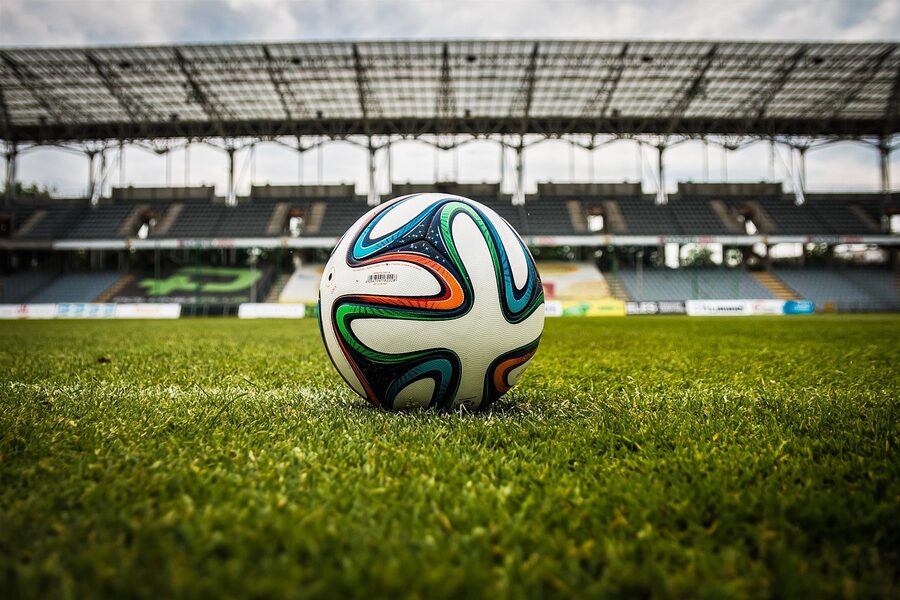 Soccer ball on a stadium pitch