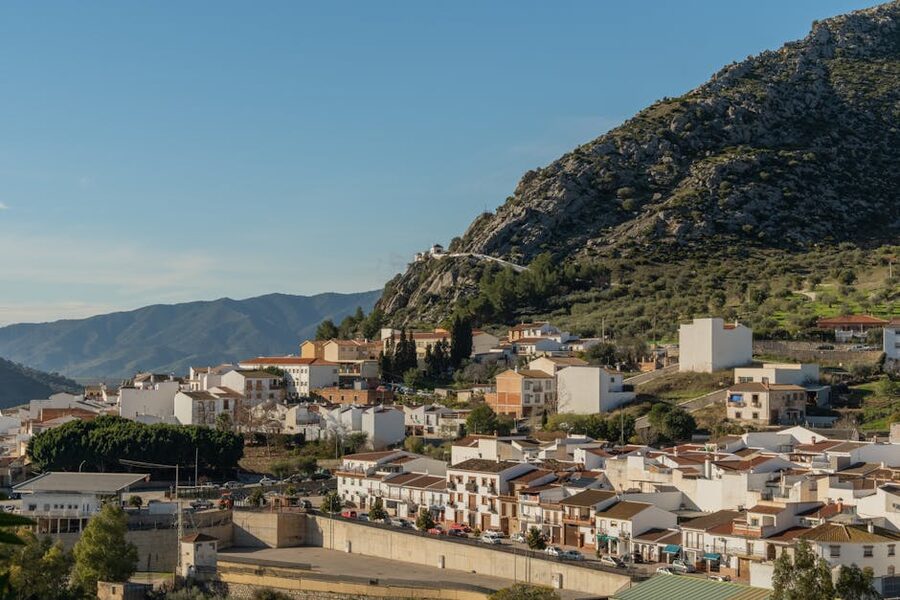 Panoramic view of a mountain village in the Spanish countryside