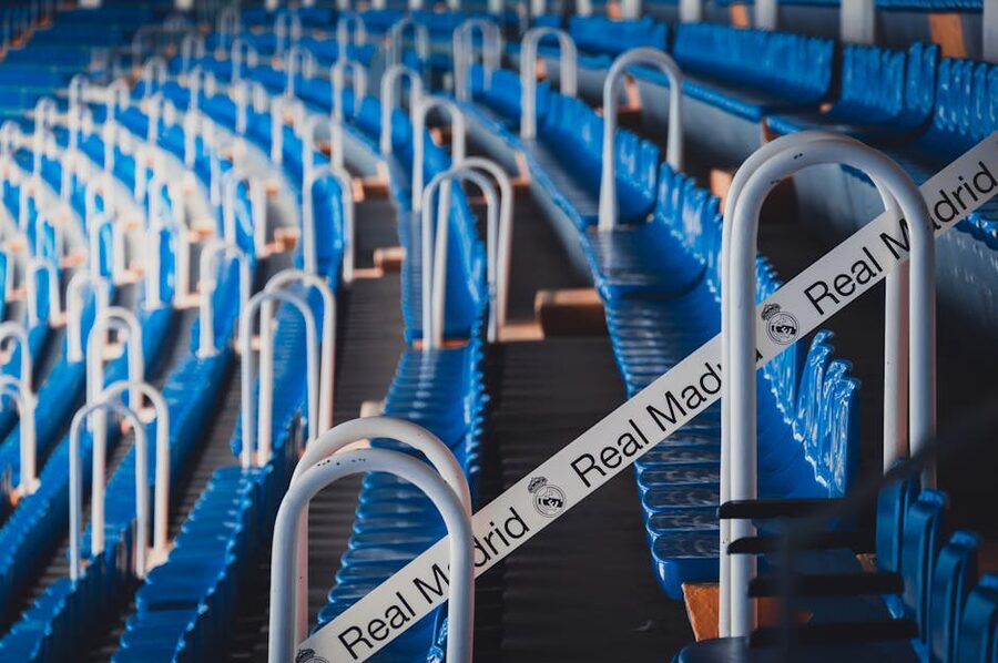 Rows of seats in a large Spanish football stadium