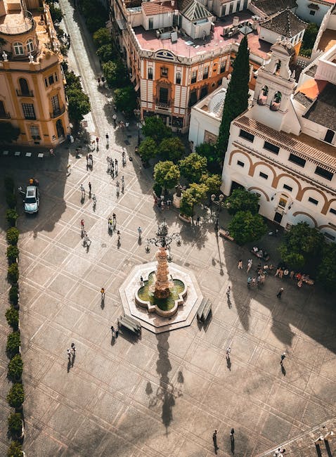Town square plaza with fountain in a Spanish city