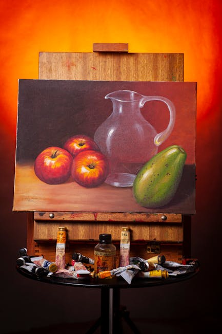 Classical still life painting showing fruit and vessels