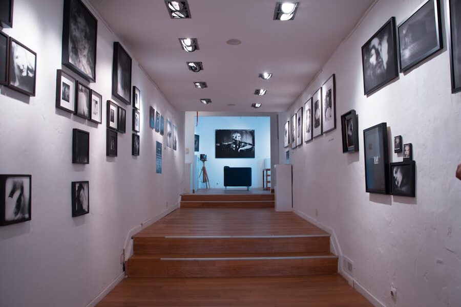 Art gallery interior with framed pictures