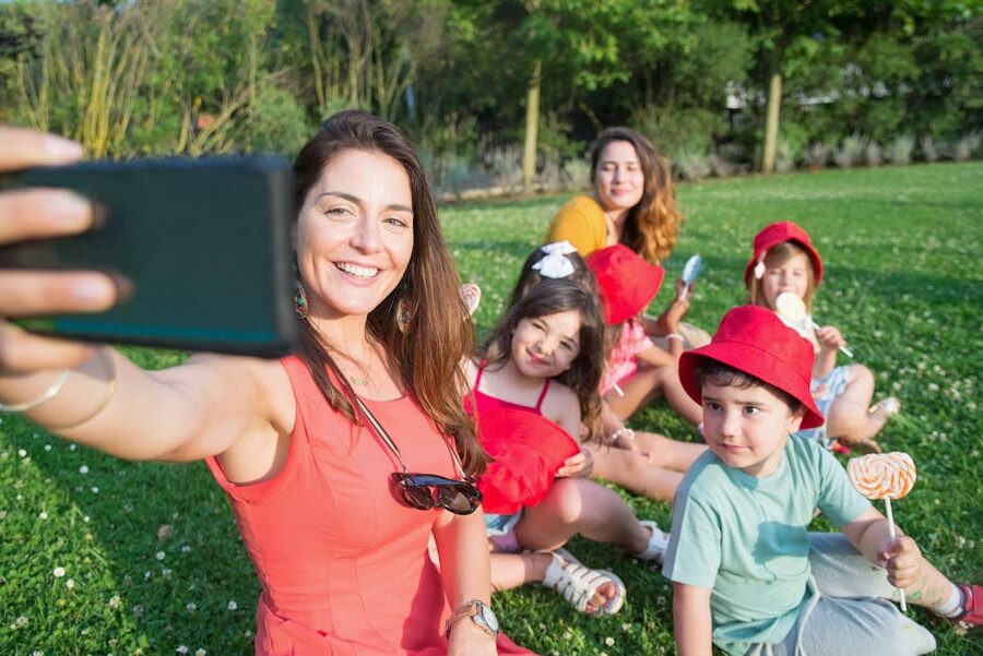 Family taking a selfie memory at a theme park