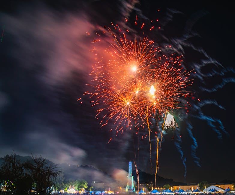 Fireworks show over a theme park at night