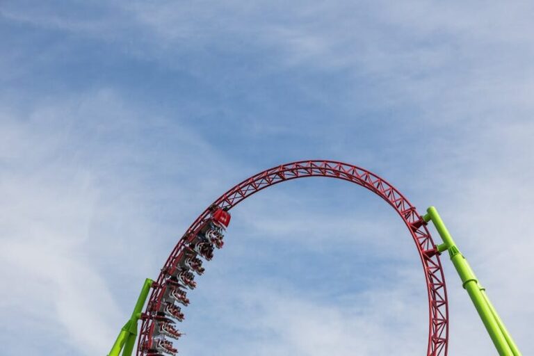 Roller coaster track at a theme park against blue sky