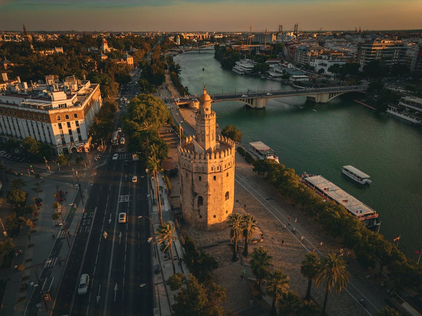 Aerial view Torre del Oro Guadalquivir sunset