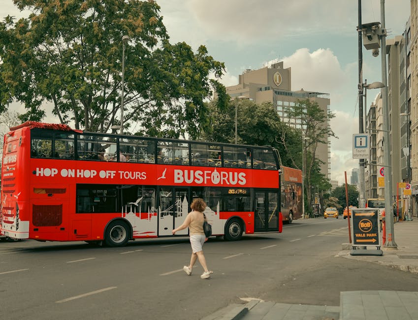 Tourists on double decker tour bus