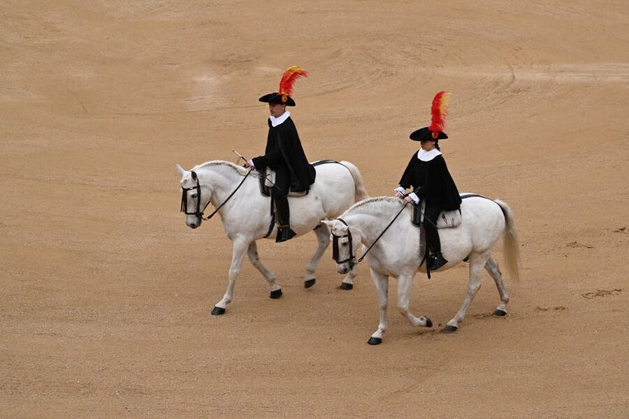 Two equestrians white horses traditional attire