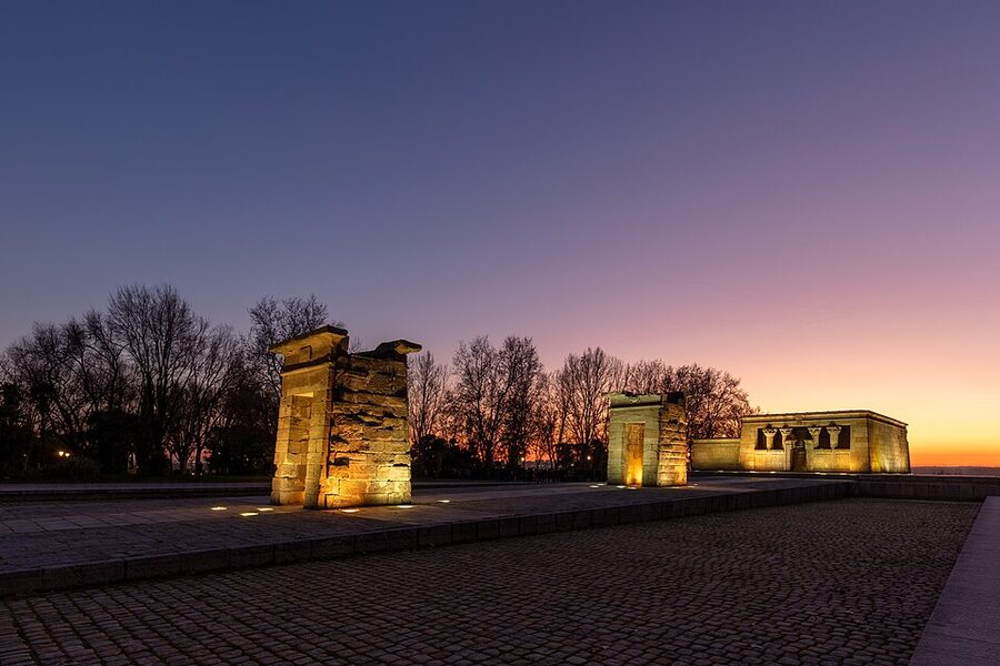 Temple of Debod Egyptian monument with reflection pool in Madrid