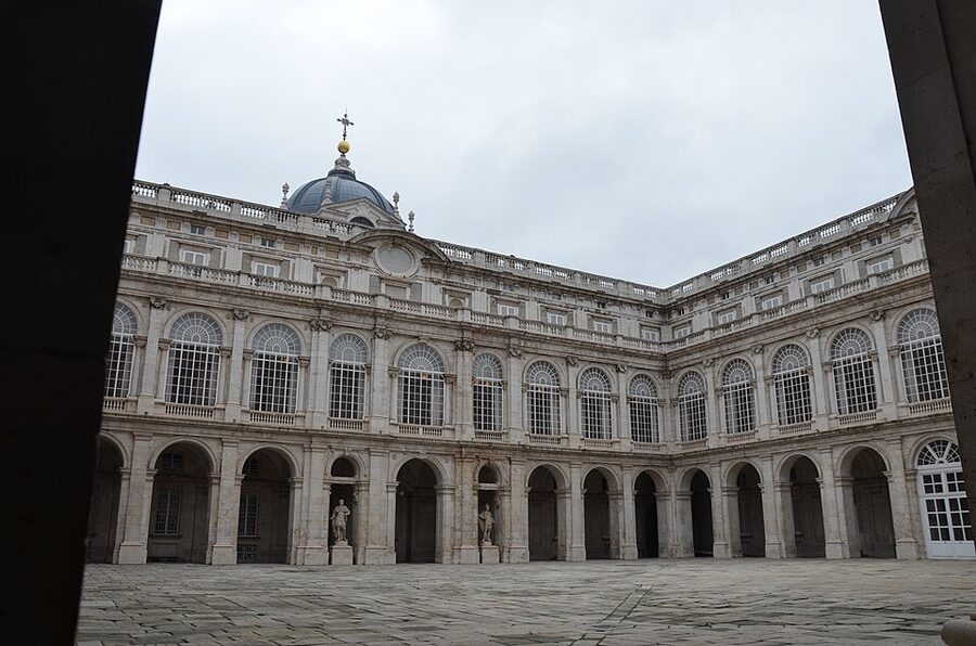 Aerial view of the Royal Palace of Madrid and surrounding plaza