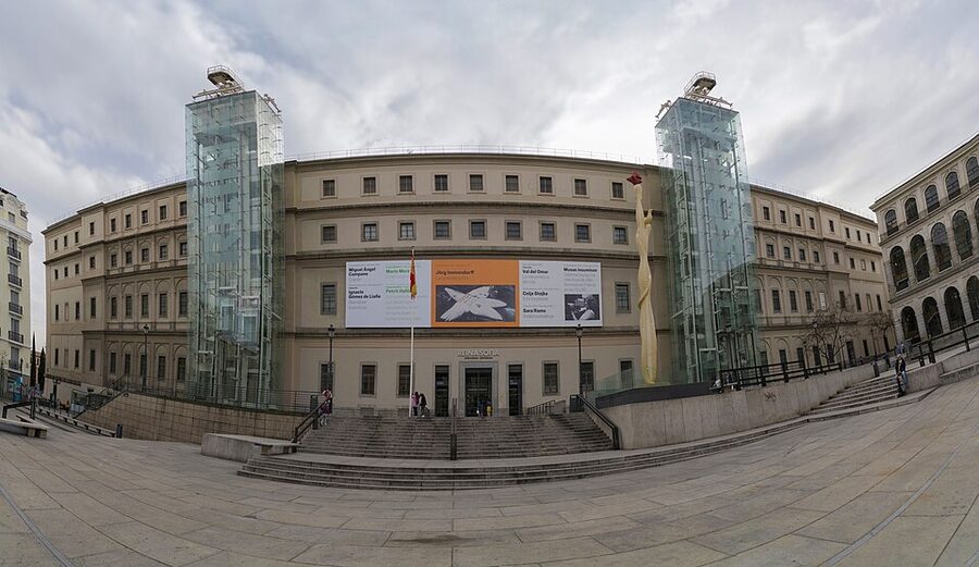 Exterior of Museo Reina Sofia with glass elevators in Madrid