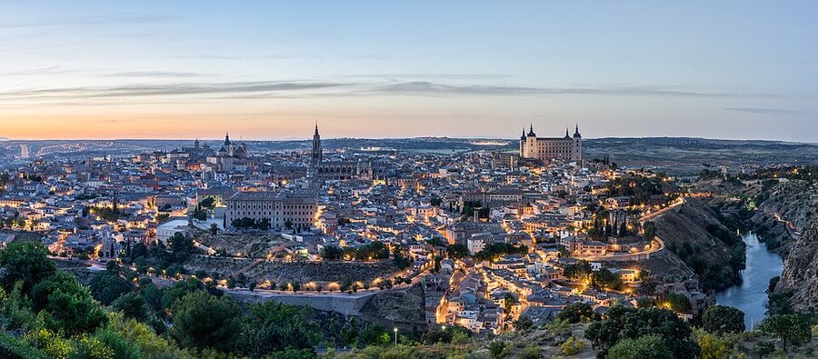 Toledo Spain panoramic view at evening sunset with golden light